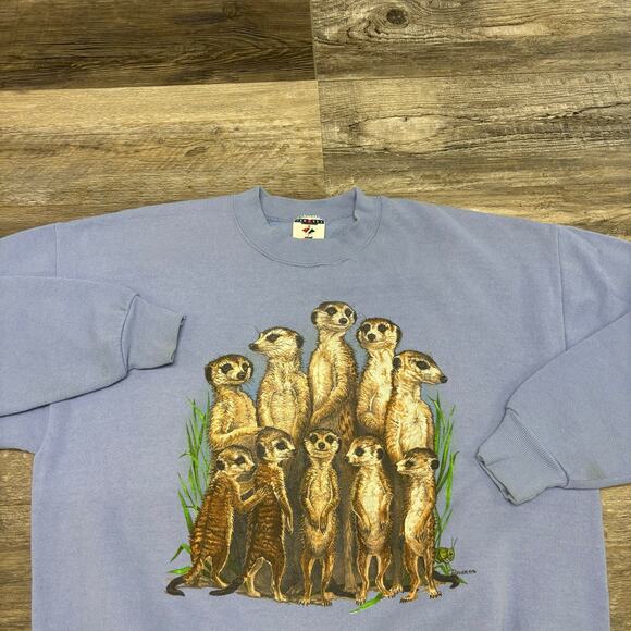 Vintage 90s Jerzees Meerkats Blue Brown‎ Green Mens XL Pullover Sweatshirt USA - Picture 1 of 13